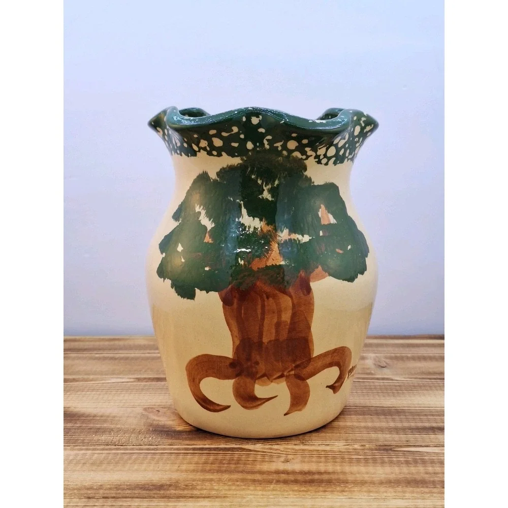 Crooksville Ohio Apple Tree Pottery Crock Vase Ruffled Edge Hand Painted 08 7x5